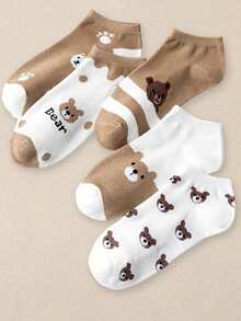 5 Pairs Cartoon Bear Pattern Socks, Soft & Lightweight Low-Cut Ankle Socks