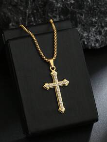 1pc Fashionable Minimalist Personalized Rhinestone Stainless Steel Cross Necklace, Wholesale Cross-Border High-End Long Black Sweater Chain, Fully Rhinestone Cross Pendant Necklace, European And American Hip Hop Charms Pendant, Household Holiday Birthday Gift For Men Daily Wear - New Diamond Cross Necklace - View 3