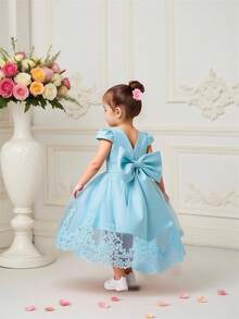 女婴缎面薄纱拖尾蓬蓬裙，后背蝴蝶结装饰，优雅大方，适合生日派对穿着，不含发带 - 藍色 - 查看 4