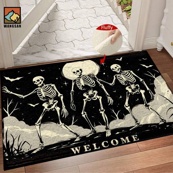 1pc Halloween Colorful Skull Skull Pattern Bathroom Anti-Slip Mat On The Moon, Made Of Artificial Cashmere Material, With Fluffy Decoration, Suitable For Doors, Bathrooms, Kitchens And Other Occasions, Machine Washable, Anti-Slip, Daily Decoration, Can Be Given As A Gift