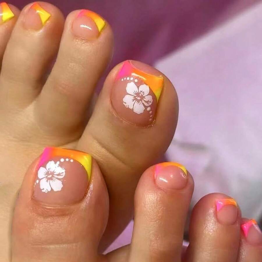 24Pcs French Press On Toenails Short Square Fake Toenails Rainbow Colored French Tip Toenail Press Ons Cute Summer Toe Press On Nails Seamless Fit Toe Nails Glue On False Toe Nails For Women Girls