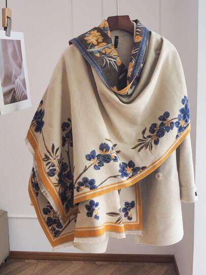 1pc Elegant Floral & Plant Intarsia Pattern Faux Cashmere Warm Scarf/Wrap, Women's Fashion Versatile Air Conditioner Shawl Blanket, Suitable For Daily Matching And Decor, Autumn/Winter