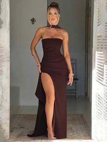 Elisanya 露背露肩紧身开衩连衣裙（配腰带） - 棕色 - 查看 9