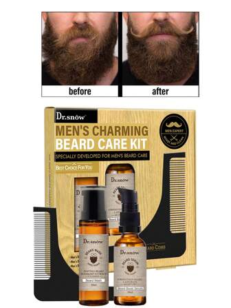 Dr.snow Kit de soins pour la barbe pour hommes - Ensemble de 3 pièces avec sérum à barbe, shampoing à barbe et peigne à façonner la barbe | Senteur de romarin, cadeau de toilettage parfait pour le petit ami, le mari ou la Fête des Pères