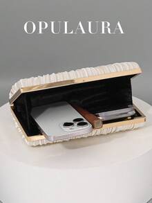 OpulAura 1 件复古优雅缎面宴会手拿包，褶皱设计时尚晚会钱包，迷人精致的正式场合手提包，高端盒形小包，适合派对/婚礼/正式晚宴，配有链条肩带，可单肩/斜挎 - 杏色 - 查看 3