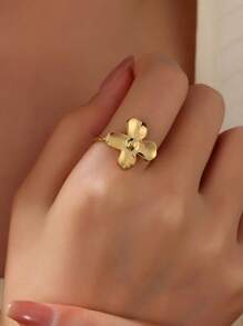 1 pieza Anillo abierto de trébol de cuatro hojas de acero inoxidable para mujeres, joyería impermeable con baño de oro de 18K y flor ajustable