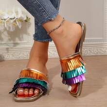 Women Sandals Bold Color Block Flat Slides Everyday Comfort Wear - Orange - View 1