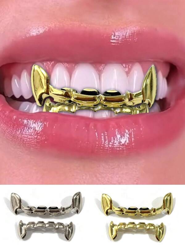 1 Set Smooth Sharp Fang Metallic Grillz, Gold & Silver Tone, Unisex, Suitable For Halloween, Christmas, Nightclub, Birthday Gift