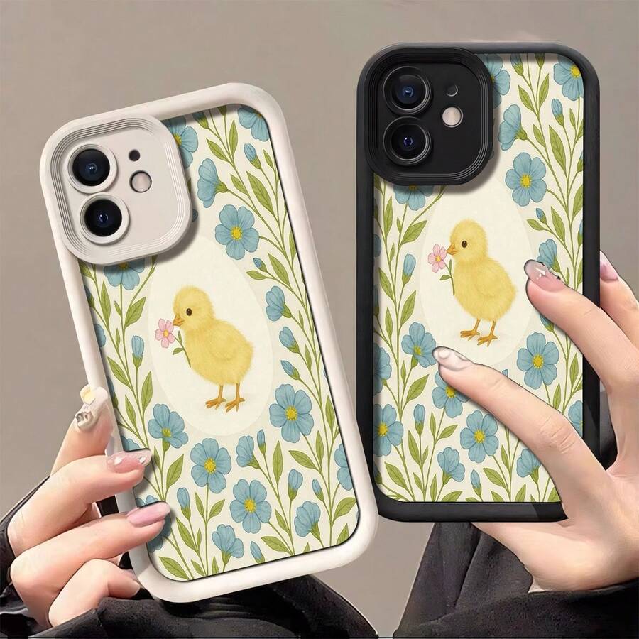 Easter Chick With Blue Flowers Phone Case For IPhone 16 Pro Max/16 Plus/16 Pro/16/15/14/13/12/11, Unisex, Scratch Resistant TPU, Full Body Ultra Thin, Shockproof With Camera Guard - White - View 1