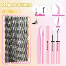 418Pcs Fluffy Clusters Lash Extension Kit Thick Eyelash Extension Kit 40D Wispy Cluster Individual Lashes Kit With Lash Bond And Seal, Eyelashes Tweezers, Lash Brush DIY At Home And Reusable(418Pcs,8-18mm)