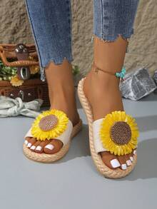 Damskie letnie nowe, swobodne, płaskie, żółte, słonecznikowe klapki plażowe, paski na zewnątrz, klapki na wakacje - Beżowy - Zobacz 4