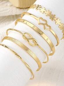 6pcs/Set Double Heart Love Letter Flower Open Bangle For Women, Daily Wear & Party Gift, Gold Color