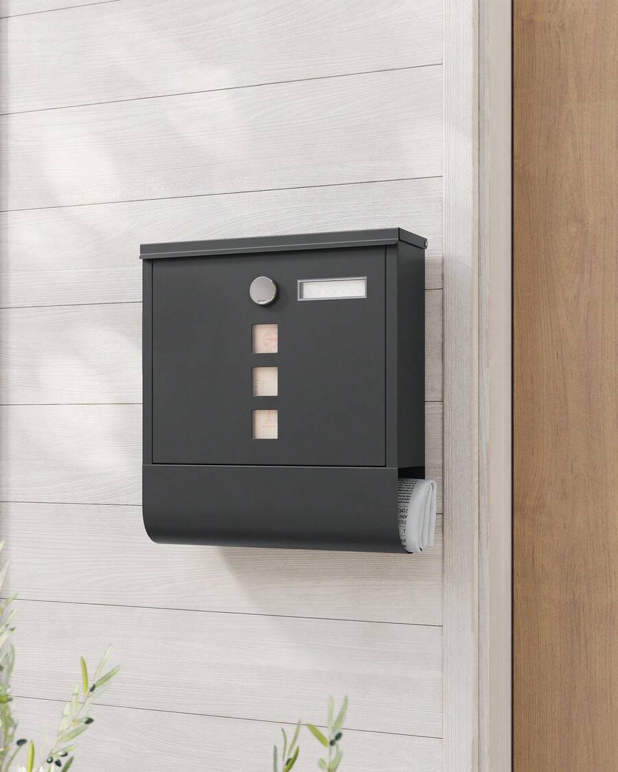 Boîte aux Lettres Murale, avec Serrure avec Couvercle Rotatif, Fenêtre de Visualisation, Porte-nom, Compartiment à Journaux, Montage Facile, 10 x 30,8 x 33,8 cm, Noir - Noir - Voir 1