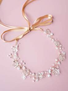 1pc Resin Flower Faux Pearl Crystal Beaded Tie-Up Cute Headband, Suitable For Bridal Wedding And Daily Hair Accessory - Gold - View 3