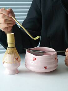 1pc/2pcs/4pcs/5pcs Pink Heart Ceramic Matcha Tea Set, Cute Matcha Utensils Combo Includes Matcha Bowl, Whisk And Stand, Bamboo Spoon, Sifter, Ideal For Matcha Lovers And Beginners, Great Gift For Mother's Day Back To School