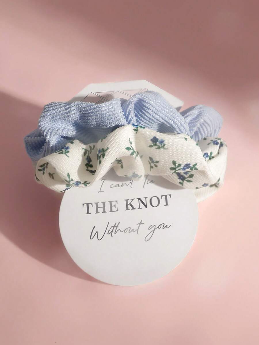 2件套女士印花灯芯绒发圈，发绳，发饰，发圈发带，头饰，马尾辫发圈 - 藍色 - 查看 1