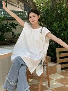 宽松中长款白色盖袖亚麻衬衫，女士无袖上衣，夏季 - 白色 - 查看 2