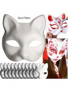 5/10PCS Therian Masks White Cat Fox Masks Blank DIY Halloween Mask Animal Half Facemasks Masquerade Cosplay Party (With Elastic Band) - White - View 2