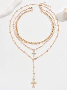 3 Stücke/Set handgemachter Ketten-Goldschloss-Schlüsselbein-Halsketten-Set, modisches einfaches Kreuz-Anhänger-Halskette, Y-förmige Halskette für Frauen, geeignet für den täglichen Gebrauch, Dates, Urlaubsgeschenke