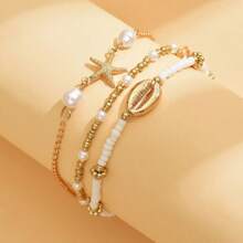 1 Set de cadena para tobillo con diseño de perlas, conchas y estrellas de mar de estilo dulce oceánico, de varios niveles, para mujer, para vacaciones en la playa/fiestas en la piscina