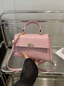 Mini Fashion Solid Color Flip-Cover PU Handbag Square Bag - Pink - View 2