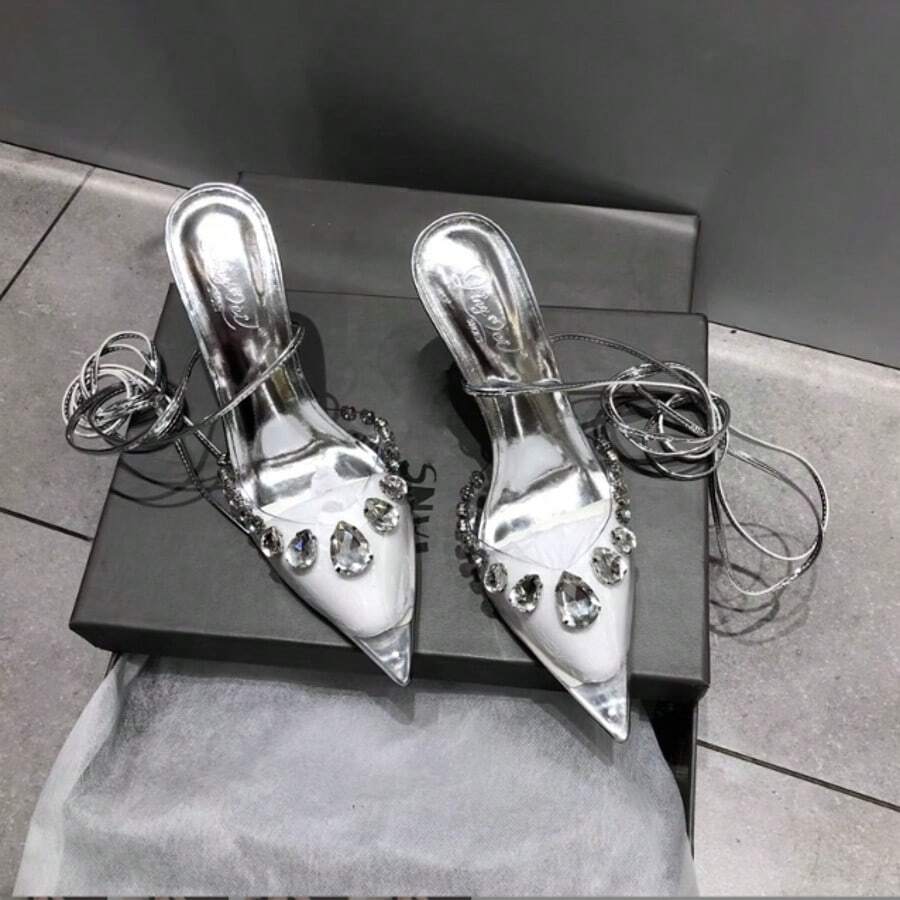 Rhinestone Transparent High Heels Fairy Style Summer Pointed Crystal Stiletto Strap Sexy Sandals For Women - Silver - View 1