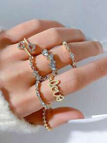 7pcs Set Full Crystal Heart Rings - 黃金 - 查看 2