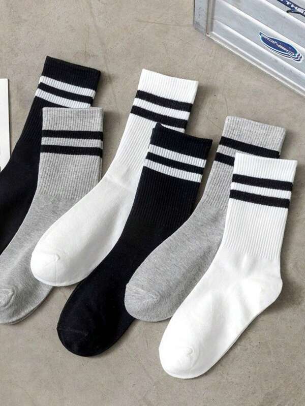 2 Pairs White Shark Print Mid-Calf Socks For Women, Student Athletic Long Crew Socks With Double Stripes