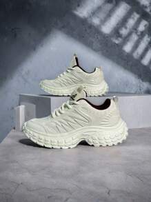 1 par de tenis gruesos y abultados para mujer, con empalme de malla, suave y ligero, color beige sólido, transpirable para uso casual diario y ejercicio, zapatos deportivos de moda
