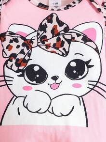 1pc Baby Girls Leopard Print Bowknot Cute Kitten Pattern Jumpsuit - Pink - View 4