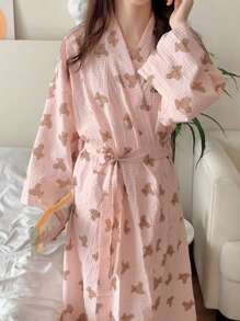 1pc Spring Autumn New Style Long Robe Bathrobe Loungewear Robe For Women, Minimalist Plaid Casual Homewear