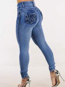 Butt Lift Super High Waist Skinny Jeans W Back Pocket Design - Multicolor - View 5