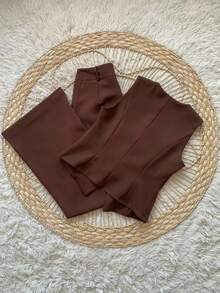 Conjunto Social Calça Pantalona Cintura alta bolsos Alfaiataria Colete Botões  Simples    elegante  Casual    Bolso  Zíper - Café - Visão 3