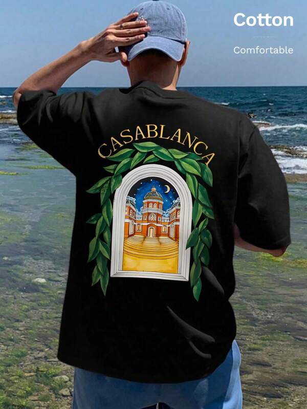 T-shirt en coton côtelé pour homme, imprimé château de nuit de lune, vêtements de sport pour hommes de style universitaire printemps et été, hauts à manches courtes noirs doux et respirants pour hommes