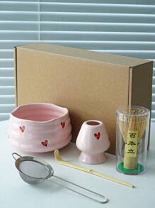 1pc/2pcs/4pcs/5pcs Pink Heart Ceramic Matcha Tea Set, Cute Matcha Utensils Combo Includes Matcha Bowl, Whisk And Stand, Bamboo Spoon, Sifter, Ideal For Matcha Lovers And Beginners, Great Gift For Mother's Day Back To School