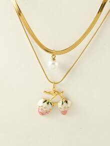 1 件不锈钢双层蛇骨项链，带树脂仿珍珠和水果吊饰（草莓、西瓜、樱桃），非常适合夏季郊游、海滩、情人节礼物和日常佩戴，适合所有场合