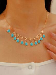 1 colar vintage estilo boêmio com pingentes múltiplos de turquesa azul, adequado para feriados, festas e presente de dia das mães