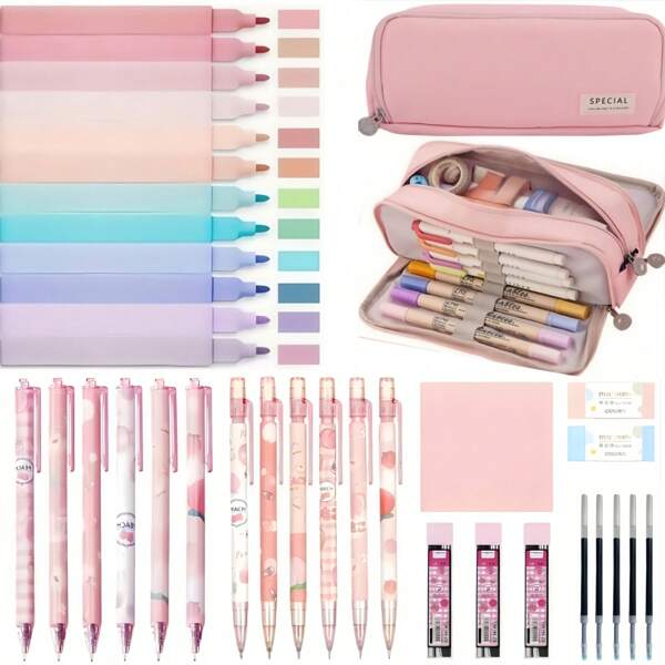 36Pcs Cute School Supplies With Cute Pen Case, 12 Pastel Highlighters, 6 Black Ink Gel Pens, 6 0.5mm Kawaii Mechanical Pencils Set For Students Stationary College Essentials, School Supplies,Back To School