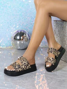 女士坡跟厚底凉鞋，性感豹纹厚底高跟拖鞋，沙滩鞋，双层厚底鞋，时尚户外搭扣带 - 豹紋 - 查看 3