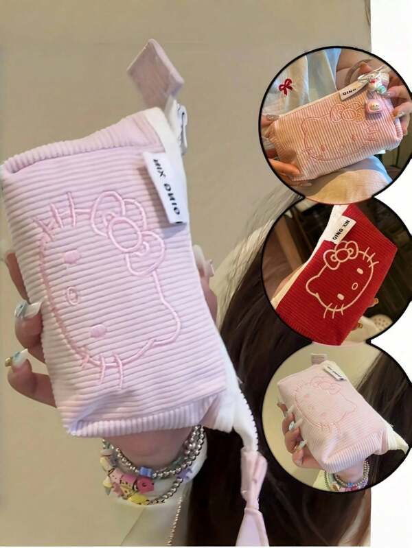 Sanrio 1 pieza Estuche de maquillaje de alta capacidad con estampado aleatorio de Sanrio Hello Kawayi Kitty de pana, estuche para lápices, regalo para la temporada de regreso a clases y fiestas de cumpleaños