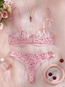 Women's Pink Fresh-Style Cherry Print Bow Lace Underwired Lingerie Set - Push-Up For Small Busts, INS-Friendly, Versatile For Daily Wear, Breathable, Comfortable & Soft Skin-Friendly Fabric - 粉色 - 查看 3