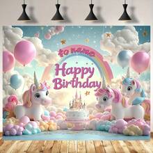 [Custom] Personalized Birthday Party Backdrop, Happy Birthday Fairy Background, Gold & Blue Glitter, 100% Polyester, Unicorn & Rainbow, Ideal For Party And Outdoor Decor, Birthday Decoration,Art Activities For Children - 1PC - View 6