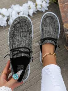 Women's Casual Gray Breathable Anti-Slip Canvas Shoes, Solid Color Pattern Canvas Material, Round Toe Elastic Lace-Up Easy On/Off Flat Sneakers, Lightweight Work Shoes - Grey - View 2