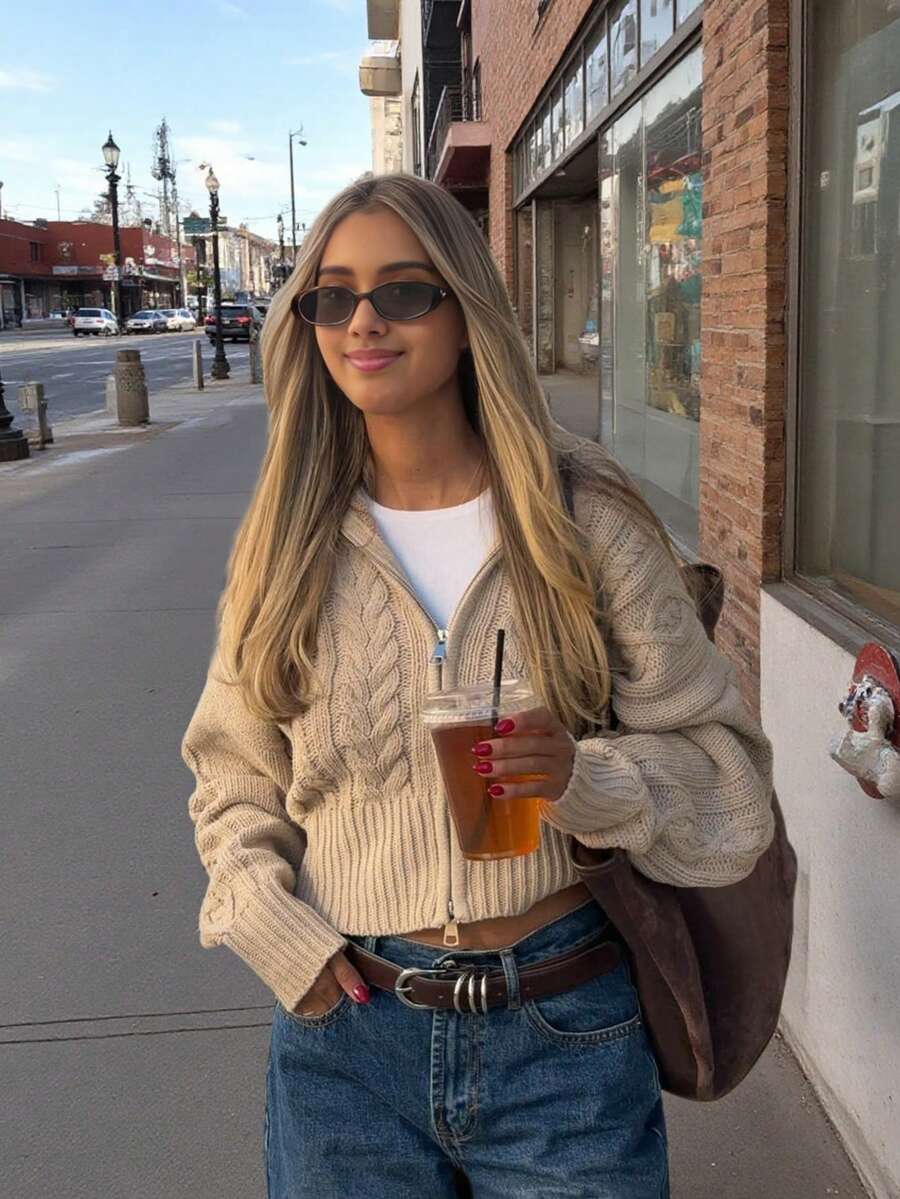 Senya 秋冬新款复古超大翻领双拉链麻花针织开衫，宽松落肩休闲开衫，日常通勤、教师、机场、冬季情人节、新年等场合皆宜 - 卡其色 - 查看 1