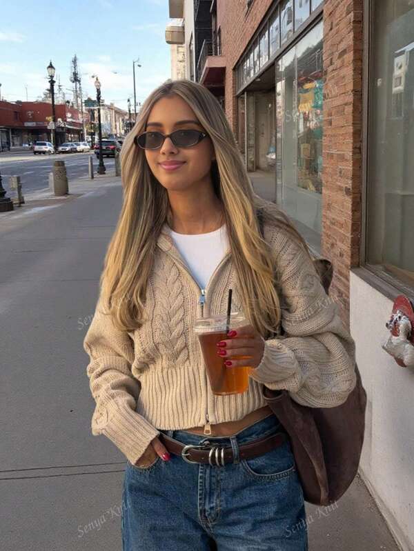 Senya Autumn And Winter New Vintage Big Lapel Double Head Zip Twisted Knit Cardigan, Loose Drop Shoulder Casual Jumper, Short Daily Commuting,Teacher,Airport Jumper Tops