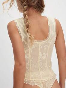 Boho Lace Sheer Corset Cami Tops For Women Y2k Button Down Backless Cropped Tank Tops Beach Vacation Vest Tops Summer Floral Sleeveless Beach Blouse - 黃色 - 查看 3