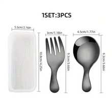 3pcs Stainless Steel Cutlery Set, Portable Round Headed Spoon, Fork, Box For Party Travel, Multifunctional Ice Cream Cake Fruit Fork And Spoon, Suitable For Gatherings, Schools, Travel, Camping, And Picnics