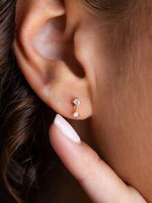 1对优雅水钻耳钉，立方氧化锆吊坠耳环，时尚小巧耳骨耳环套装 - 彩色 - 查看 3