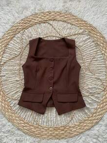 Conjunto Social Calça Pantalona Cintura alta bolsos Alfaiataria Colete Botões  Simples    elegante  Casual    Bolso  Zíper - Café - Visão 4