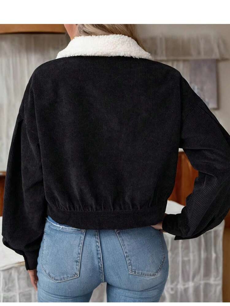 Women's Elegant Casual Corduroy Patchwork Fur Collar Button Front Pocket Long Sleeve Short Jacket, Versatile Bomber Coat Black Spring - Black - View 2